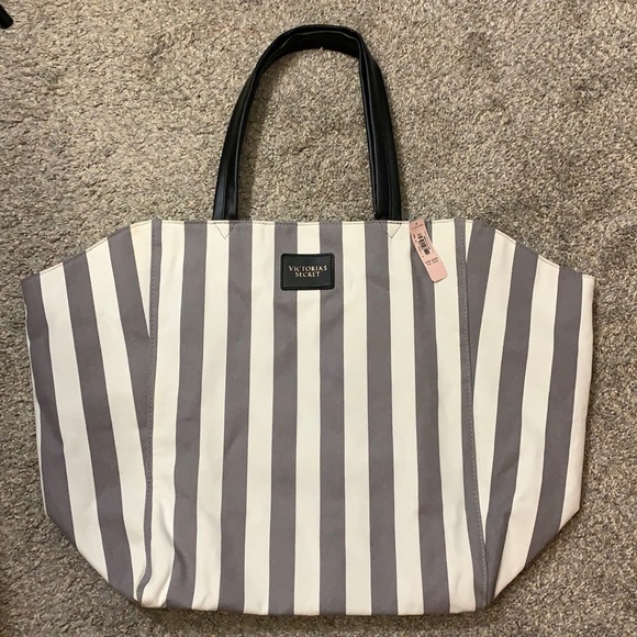 Victoria's Secret Handbags - NWT Victoria’s Secret Large Grey and White Vertical Striped Tote bag